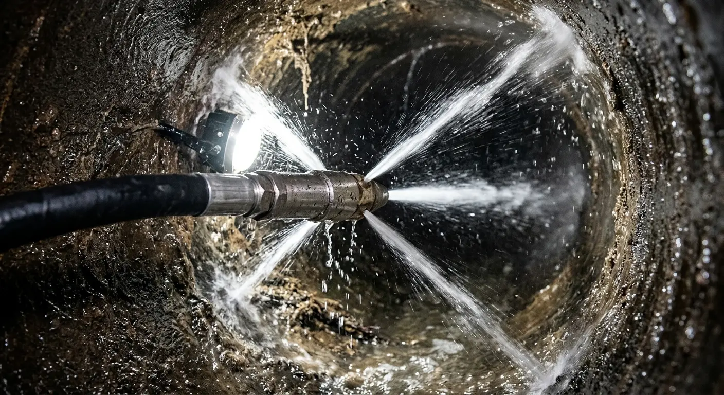 High-pressure hydro jetting nozzle cleaning sewer pipe for Emergency Drain Service in Pontotoc
