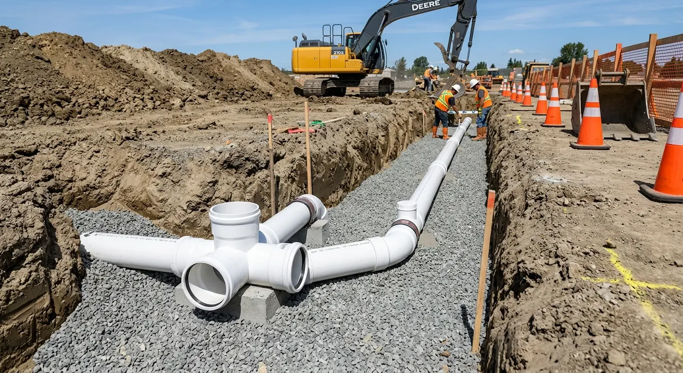 New PVC sewer pipe installation in open trench for Commercial Drain Cleaning in Pontotoc
